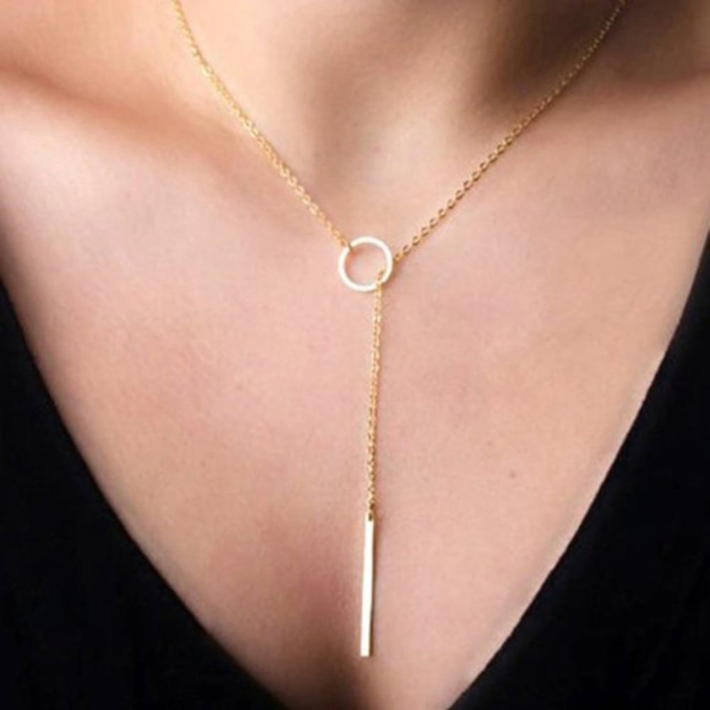 Gold Silver Bar Circle Lariat Necklace - Picture 2 of 3